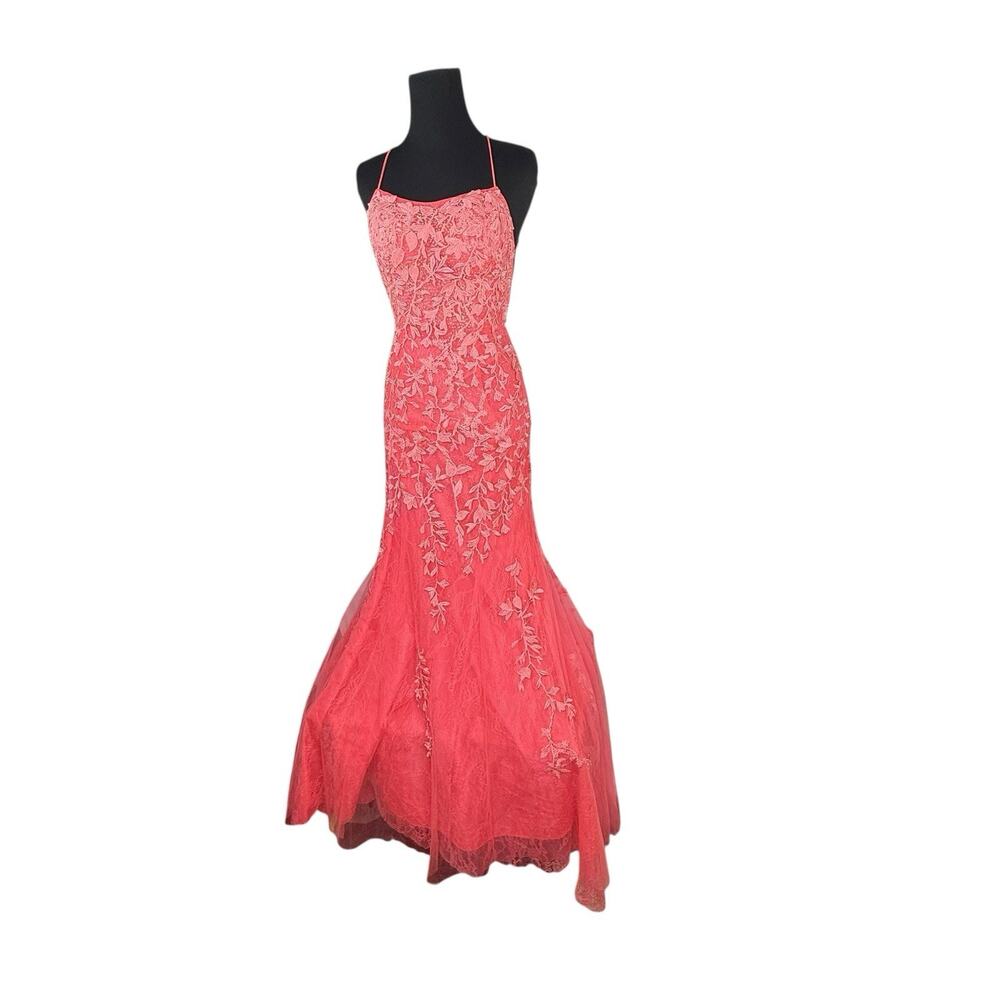 Coral Pink Mermaid Lace Appliqué Overlay Prom Formal Gown Fairy w/train Sz 2 EUC